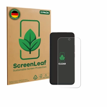 Parte frontale di una confezione del prodotto con il logo del marchio ScreenLeaf. Accanto è raffigurato il dispositivo Xiaomi 