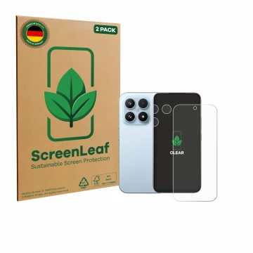 Parte frontale di una confezione del prodotto con il logo del marchio ScreenLeaf. Accanto è raffigurato il dispositivo Xiaomi 