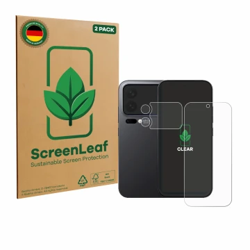Parte frontale di una confezione del prodotto con il logo del marchio ScreenLeaf. Accanto è raffigurato il dispositivo Xiaomi 
