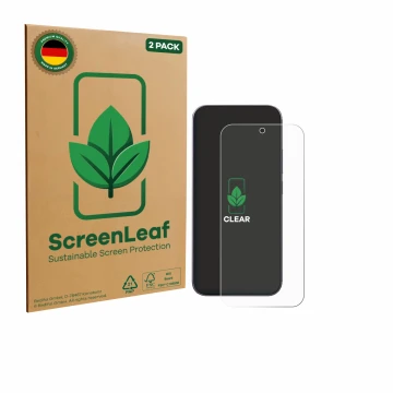 Parte frontale di una confezione del prodotto con il logo del marchio ScreenLeaf. Accanto è raffigurato il dispositivo Xiaomi 