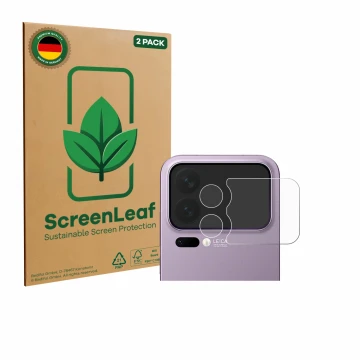 Parte frontale di una confezione del prodotto con il logo del marchio ScreenLeaf. Accanto è raffigurato il dispositivo Xiaomi 
