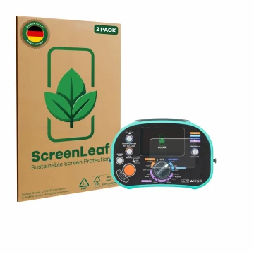 Parte frontale di una confezione del prodotto con il logo del marchio ScreenLeaf. Accanto è raffigurato il dispositivo Kewtech
