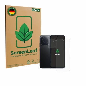 Parte frontale di una confezione del prodotto con il logo del marchio ScreenLeaf. Accanto è raffigurato il dispositivo Xiaomi 