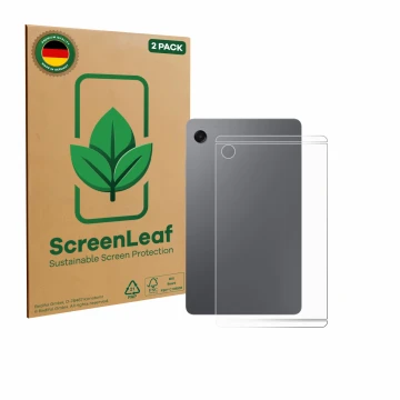 Parte frontale di una confezione del prodotto con il logo del marchio ScreenLeaf. Accanto è raffigurato il dispositivo Samsung