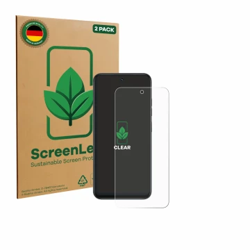 Parte frontale di una confezione del prodotto con il logo del marchio ScreenLeaf. Accanto è raffigurato il dispositivo Infinix