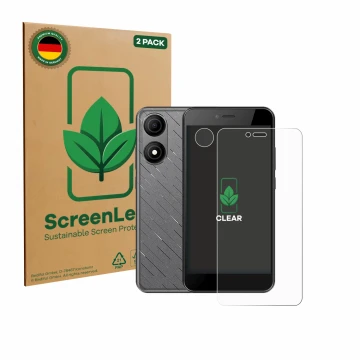Parte frontale di una confezione del prodotto con il logo del marchio ScreenLeaf. Accanto è raffigurato il dispositivo HTC Wil