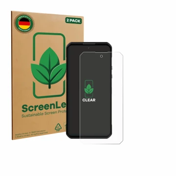 Parte frontale di una confezione del prodotto con il logo del marchio ScreenLeaf. Accanto è raffigurato il dispositivo Oukitel