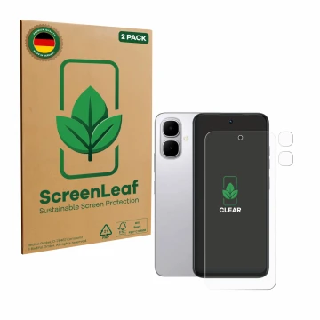 Parte frontale di una confezione del prodotto con il logo del marchio ScreenLeaf. Accanto è raffigurato il dispositivo Infinix