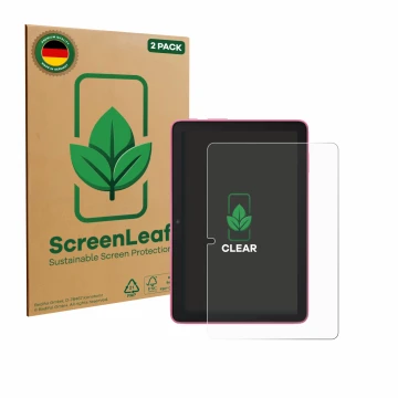 Parte frontale di una confezione del prodotto con il logo del marchio ScreenLeaf. Accanto è raffigurato il dispositivo Amazon 