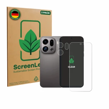 Parte frontale di una confezione del prodotto con il logo del marchio ScreenLeaf. Accanto è raffigurato il dispositivo Oppo Fi