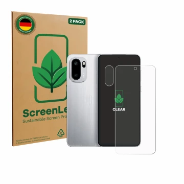 Parte frontale di una confezione del prodotto con il logo del marchio ScreenLeaf. Accanto è raffigurato il dispositivo OnePlus