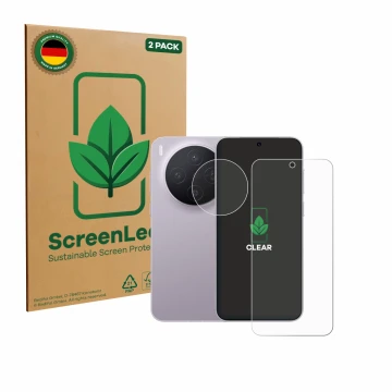 Parte frontale di una confezione del prodotto con il logo del marchio ScreenLeaf. Accanto è raffigurato il dispositivo Vivo X3