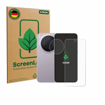 Parte frontale di una confezione del prodotto con il logo del marchio ScreenLeaf. Accanto è raffigurato il dispositivo Vivo X3
