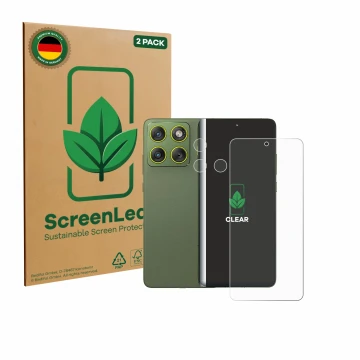 Parte frontale di una confezione del prodotto con il logo del marchio ScreenLeaf. Accanto è raffigurato il dispositivo Motorol