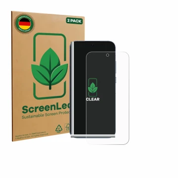 Parte frontale di una confezione del prodotto con il logo del marchio ScreenLeaf. Accanto è raffigurato il dispositivo realme 