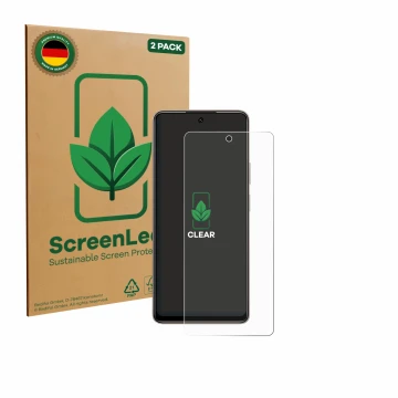 Parte frontale di una confezione del prodotto con il logo del marchio ScreenLeaf. Accanto è raffigurato il dispositivo Tecno P