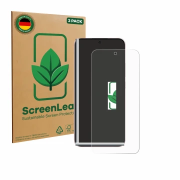 Parte frontale di una confezione del prodotto con il logo del marchio ScreenLeaf. Accanto è raffigurato il dispositivo Oppo Re
