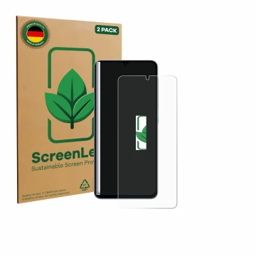 Parte frontale di una confezione del prodotto con il logo del marchio ScreenLeaf. Accanto è raffigurato il dispositivo Samsung