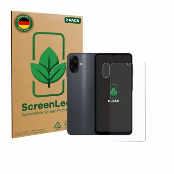 Parte frontale di una confezione del prodotto con il logo del marchio ScreenLeaf. Accanto è raffigurato il dispositivo Samsung