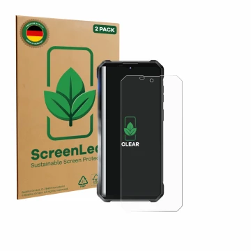 Parte frontale di una confezione del prodotto con il logo del marchio ScreenLeaf. Accanto è raffigurato il dispositivo Oukitel