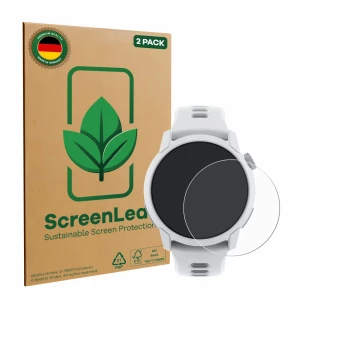 Parte frontale di una confezione del prodotto con il logo del marchio ScreenLeaf. Accanto è raffigurato il dispositivo Coros P