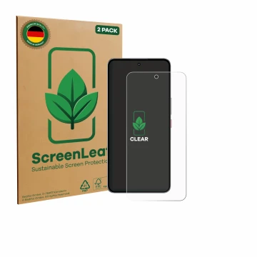 Parte frontale di una confezione del prodotto con il logo del marchio ScreenLeaf. Accanto è raffigurato il dispositivo Nubia N