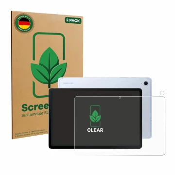 Parte frontale di una confezione del prodotto con il logo del marchio ScreenLeaf. Accanto è raffigurato il dispositivo Samsung