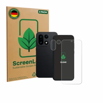 Parte frontale di una confezione del prodotto con il logo del marchio ScreenLeaf. Accanto è raffigurato il dispositivo OnePlus