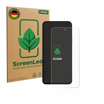 Parte frontale di una confezione del prodotto con il logo del marchio ScreenLeaf. Accanto è raffigurato il dispositivo Xiaomi 