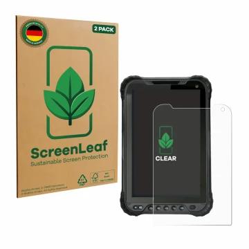 Parte frontale di una confezione del prodotto con il logo del marchio ScreenLeaf. Accanto è raffigurato il dispositivo Unitech