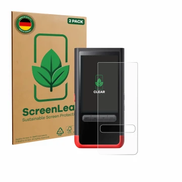 Parte frontale di una confezione del prodotto con il logo del marchio ScreenLeaf. Accanto è raffigurato il dispositivo ThermoM