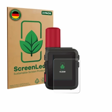Parte frontale di una confezione del prodotto con il logo del marchio ScreenLeaf. Accanto è raffigurato il dispositivo Garmin 
