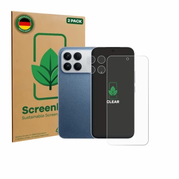 Parte frontale di una confezione del prodotto con il logo del marchio ScreenLeaf. Accanto è raffigurato il dispositivo Xiaomi 