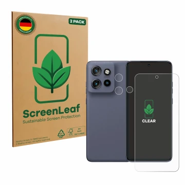 Parte frontale di una confezione del prodotto con il logo del marchio ScreenLeaf. Accanto è raffigurato il dispositivo Motorol
