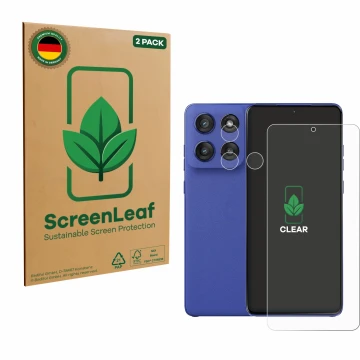 Parte frontale di una confezione del prodotto con il logo del marchio ScreenLeaf. Accanto è raffigurato il dispositivo Motorol