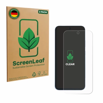 Parte frontale di una confezione del prodotto con il logo del marchio ScreenLeaf. Accanto è raffigurato il dispositivo Oppo Re