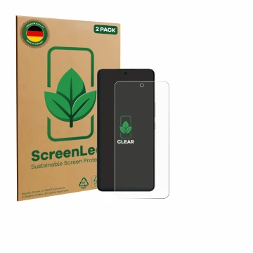 Parte frontale di una confezione del prodotto con il logo del marchio ScreenLeaf. Accanto è raffigurato il dispositivo Oppo K1