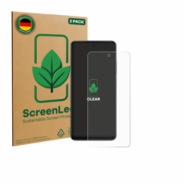 Parte frontale di una confezione del prodotto con il logo del marchio ScreenLeaf. Accanto è raffigurato il dispositivo Oppo K1