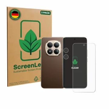 Parte frontale di una confezione del prodotto con il logo del marchio ScreenLeaf. Accanto è raffigurato il dispositivo Xiaomi 