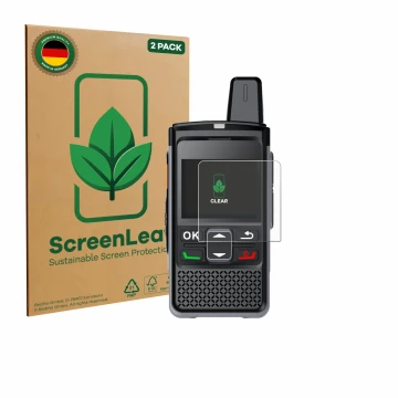 Parte frontale di una confezione del prodotto con il logo del marchio ScreenLeaf. Accanto è raffigurato il dispositivo Hytera 