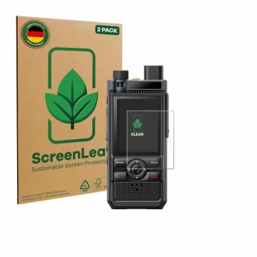 Parte frontale di una confezione del prodotto con il logo del marchio ScreenLeaf. Accanto è raffigurato il dispositivo Hytera 
