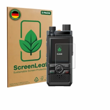 Parte frontale di una confezione del prodotto con il logo del marchio ScreenLeaf. Accanto è raffigurato il dispositivo Hytera 