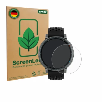 Parte frontale di una confezione del prodotto con il logo del marchio ScreenLeaf. Accanto è raffigurato il dispositivo Amazfit