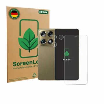 Parte frontale di una confezione del prodotto con il logo del marchio ScreenLeaf. Accanto è raffigurato il dispositivo Motorol