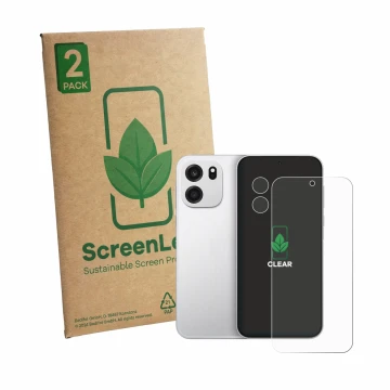 Parte frontale di una confezione del prodotto con il logo del marchio ScreenLeaf. Accanto è raffigurato il dispositivo OnePlus