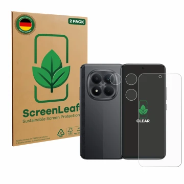 Parte frontale di una confezione del prodotto con il logo del marchio ScreenLeaf. Accanto è raffigurato il dispositivo Xiaomi 