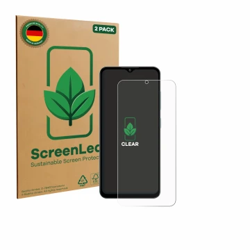 Parte frontale di una confezione del prodotto con il logo del marchio ScreenLeaf. Accanto è raffigurato il dispositivo Oukitel