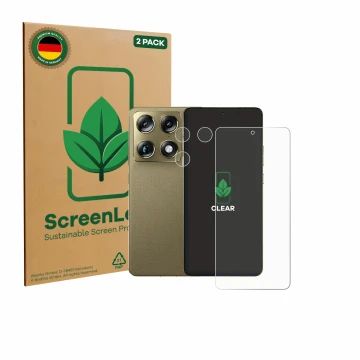 Parte frontale di una confezione del prodotto con il logo del marchio ScreenLeaf. Accanto è raffigurato il dispositivo Motorol