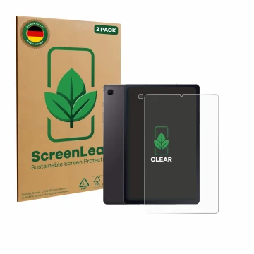 Parte frontale di una confezione del prodotto con il logo del marchio ScreenLeaf. Accanto è raffigurato il dispositivo Samsung