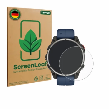 Parte frontale di una confezione del prodotto con il logo del marchio ScreenLeaf. Accanto è raffigurato il dispositivo Garmin 